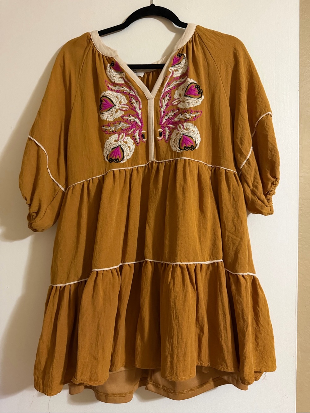 Women’s ' Mustard Embroidered Tiered Dress